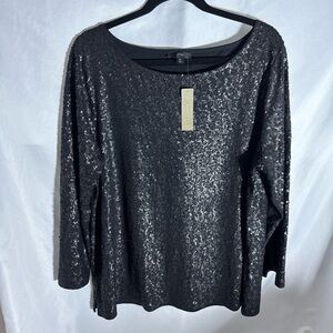 J Crew Blouse Womens Black Sequin Top Size XL 3/4 Sleeve Pullover Glitzy NEW NWT